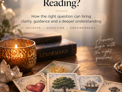 Lenormand cards, crystals and candle arranged for a reading about choosing the right questions>