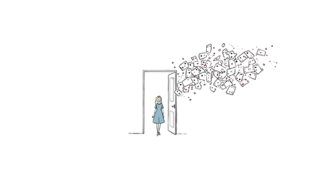 Fine-line illustration of a woman in an Alice-style dress standing in an open doorway while playing cards swirl around her like a collapsing storm.