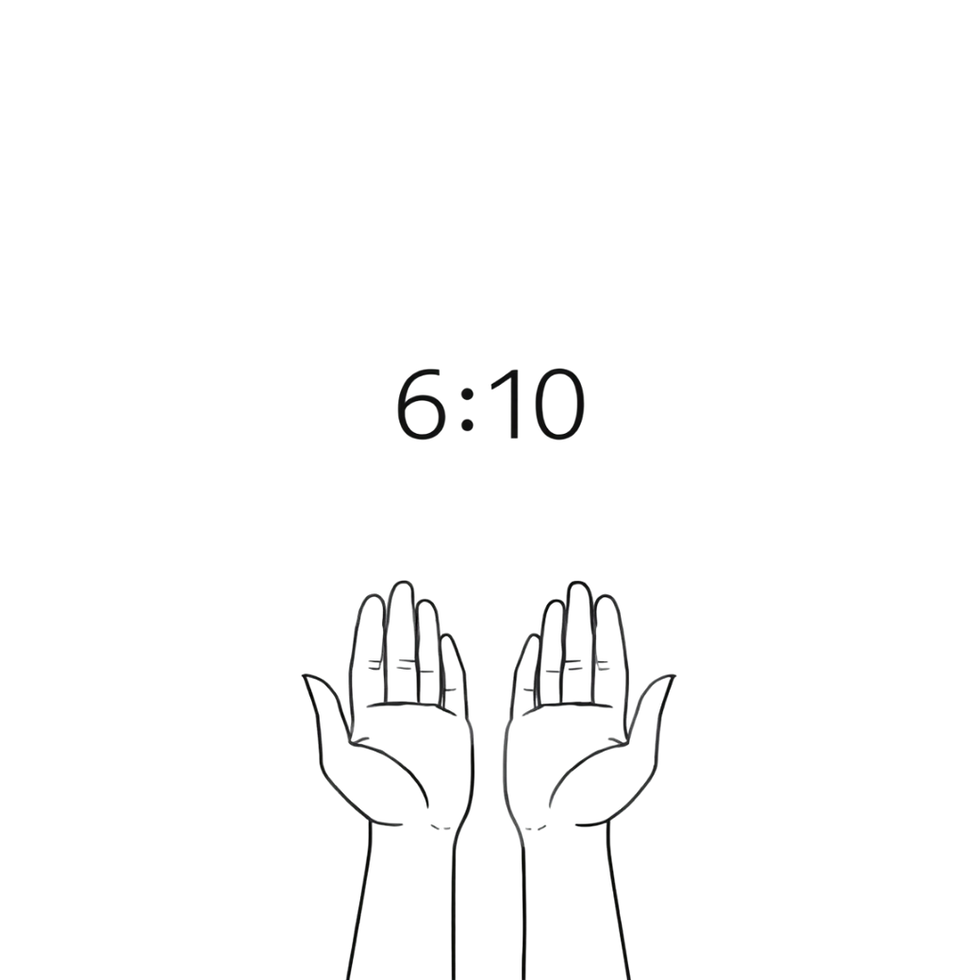 Minimalist fine line drawing, black lines on white background, no shading, no fill. A simple analog clock face showing 6:10, hands drawn in clean single-weight lines. Below the clock, a pair of hands — adult hands, open and empty, palms facing up. The hands are not reaching. They are just open. Spare negative space. No text. No decorative elements. Clean, quiet, unresolved.