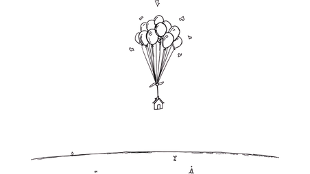 Minimalist black line-art illustration of a small simple house floating with a cluster of balloons above it, with several balloon strings subtly fraying or snapping to suggest release; below, a wide open landscape with small simple symbols of “present life”