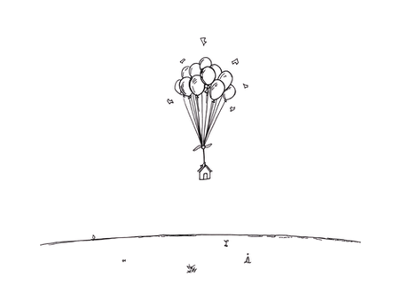 Minimalist black line-art illustration of a small simple house floating with a cluster of balloons above it, with several balloon strings subtly fraying or snapping to suggest release; below, a wide open landscape with small simple symbols of “present life”