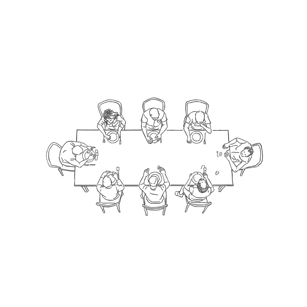 Minimal black line art illustration of figures seated around a family dinner table, each depicted through posture and body language alone, representing the invisible roles assigned in family systems.