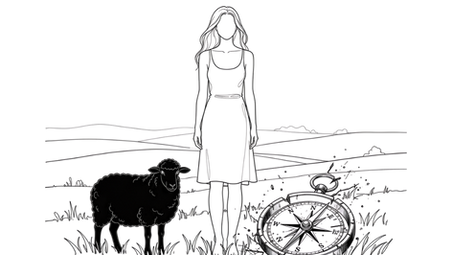 Fine-line minimalist illustration of a single woman silhouette standing in a field with a black sheep with a broken compass, no shading, no background, clean continuous lines. Symbolic of navigating life without an inner compass