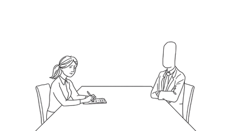 An abstract black-and-white illustration of a woman sitting at a long table across from an emotionless figure, symbolizing the power imbalance of school meetings.
