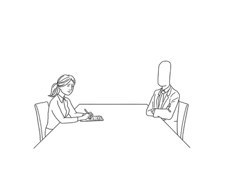 An abstract black-and-white illustration of a woman sitting at a long table across from an emotionless figure, symbolizing the power imbalance of school meetings.
