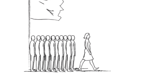 Line-art illustration of a lone figure stepping away from a structured system, symbolizing clarity, integrity, and black sheep dynamics.