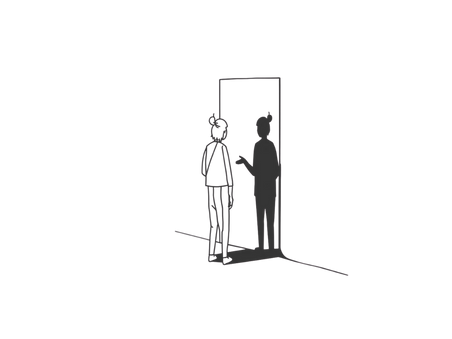 Minimal black line art of a person standing in front of a mirror with a darker, slightly distorted shadow figure reaching toward them from inside the reflection.