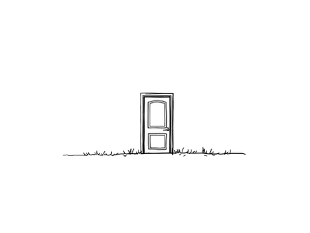 Fine black line art, no shading, no fill. A single door standing in an open field with no walls around it. The door is slightly ajar. Clean minimal lines. White background. No text.