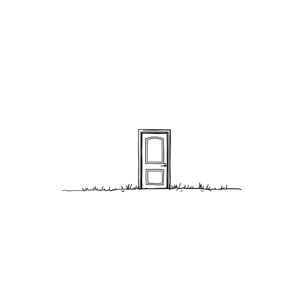 Fine black line art, no shading, no fill. A single door standing in an open field with no walls around it. The door is slightly ajar. Clean minimal lines. White background. No text.