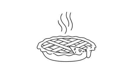 Minimalist black line-art illustration of a single steaming pie with a missing slice.