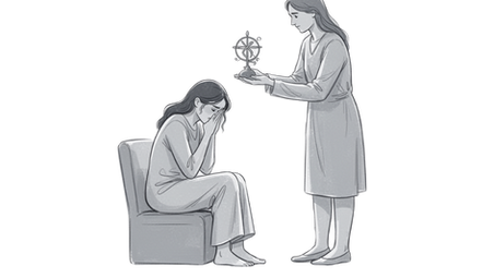 Minimalist line-art illustration of a person overwhelmed by an offer of help, symbolizing the emotional burden of conditional care