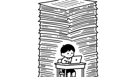 Minimalist black line-art illustration of a small child seated at a classroom desk while an oversized stack of abstract paperwork forms a looming outline behind them, symbolizing how neurodivergent school support can become surveillance. Clean lines, high contrast, ample negative space, and a quiet emotional tone.
