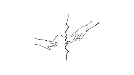Minimal black-line illustration of two people reaching toward each other across a small tear that is being stitched back together