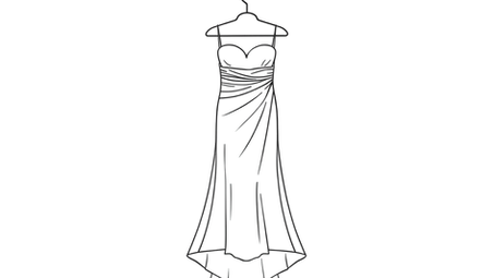 Minimalist black line-art illustration of a wedding dress hanging alone on a simple wire hanger.