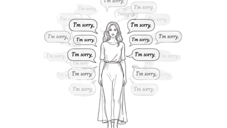 Minimalist conceptual line-art of a human figure surrounded by softly repeated “I’m sorry” speech bubbles fading into the background, symbolizing habitual over-apologizing and emotional survival.