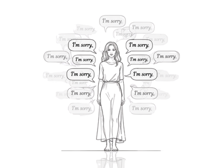 Minimalist conceptual line-art of a human figure surrounded by softly repeated “I’m sorry” speech bubbles fading into the background, symbolizing habitual over-apologizing and emotional survival. 