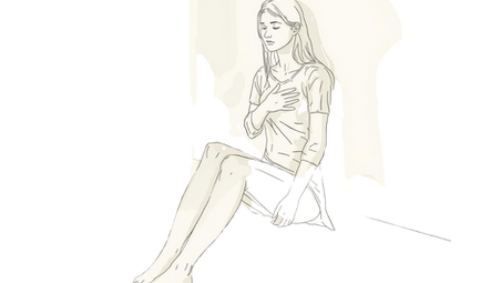 line-art woman sitting with her hand to her chest, surrounded by quiet space symbolizing post-divorce shame and silence