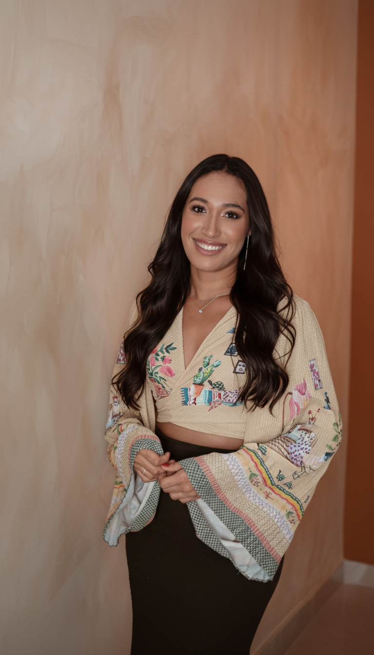 Retrato em pé de Pauline Ferreira sorridente, com cabelos escuros e blusa clara bordada, em fundo neutro bege e laranja.