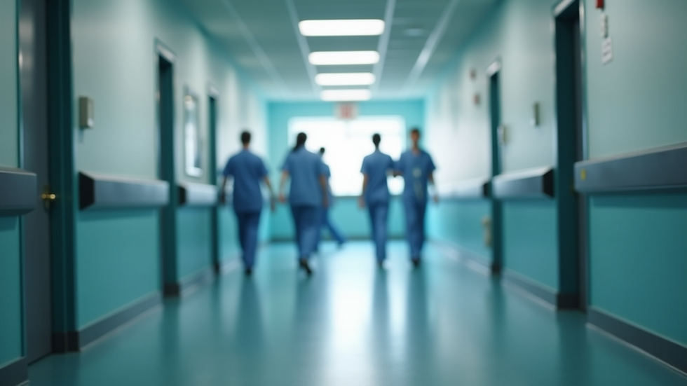 Eye-level view of a hospital corridor with medical staff walking