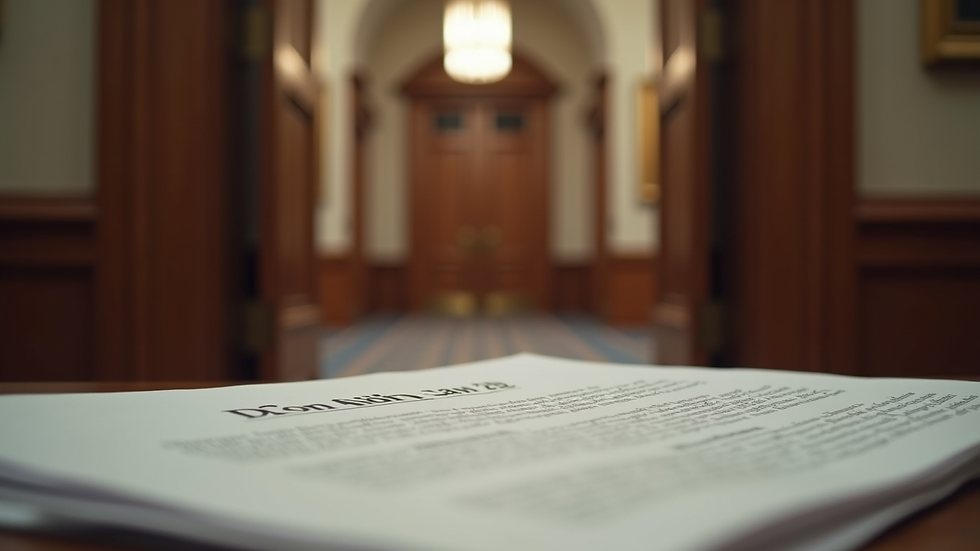 Eye-level view of a courthouse entrance with family law documents on a table
