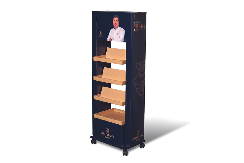 Stijlvolle vloerdisplay in karton voor Van Dender Chocolats