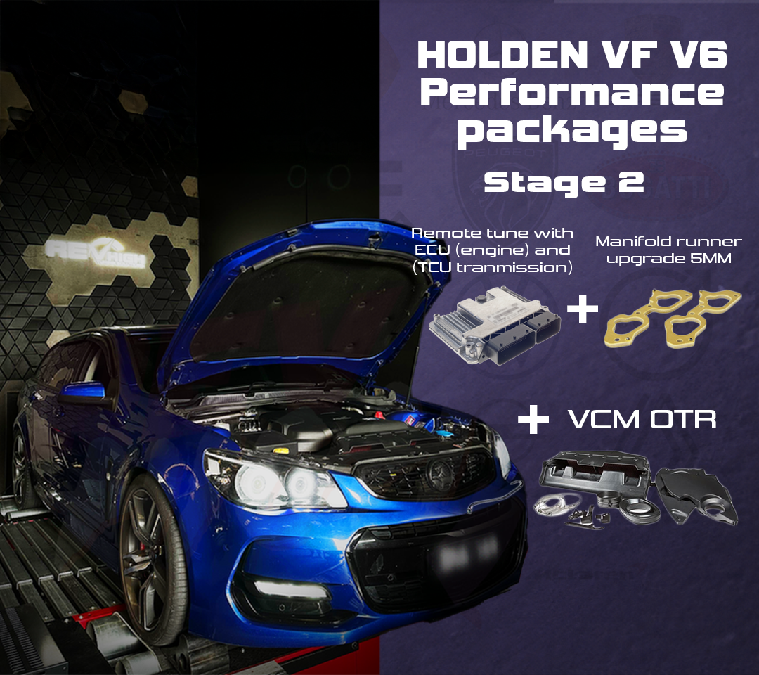 Holden VF V6 on dyno with Stage 2 upgrades: ECU/TCU tune, 5MM runner upgrade, and VCM OTR intake.