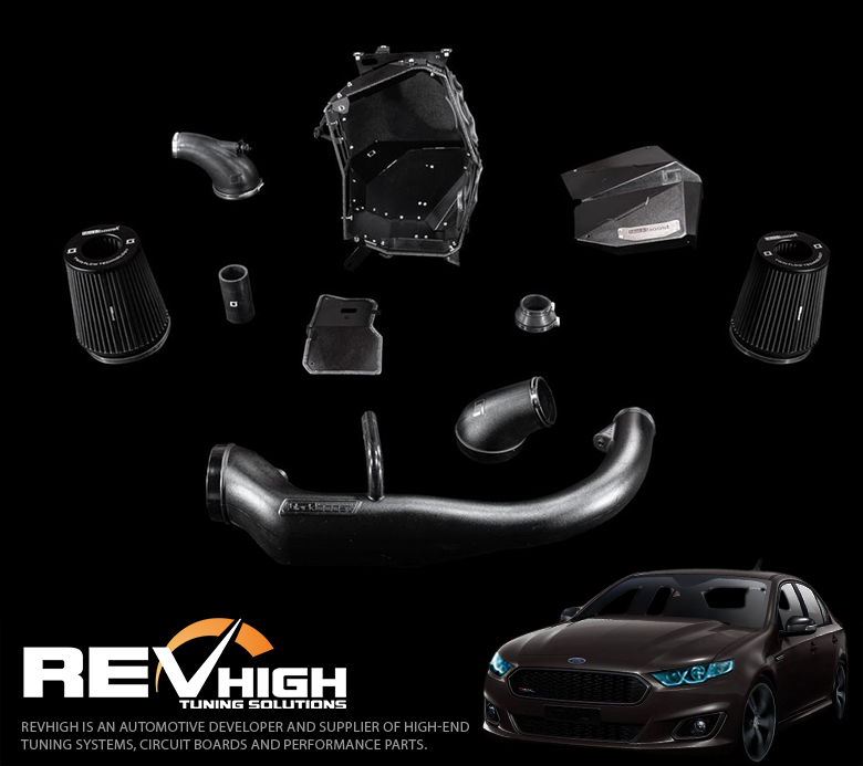 All components of the BlackBoost Cold Air Intake System laid out, including intake pipes, filters, clamps, and hardware.