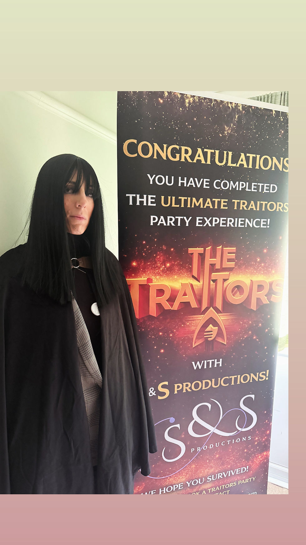 Woman dressed as Claudia Winkleman at a Traitors kids birthday party