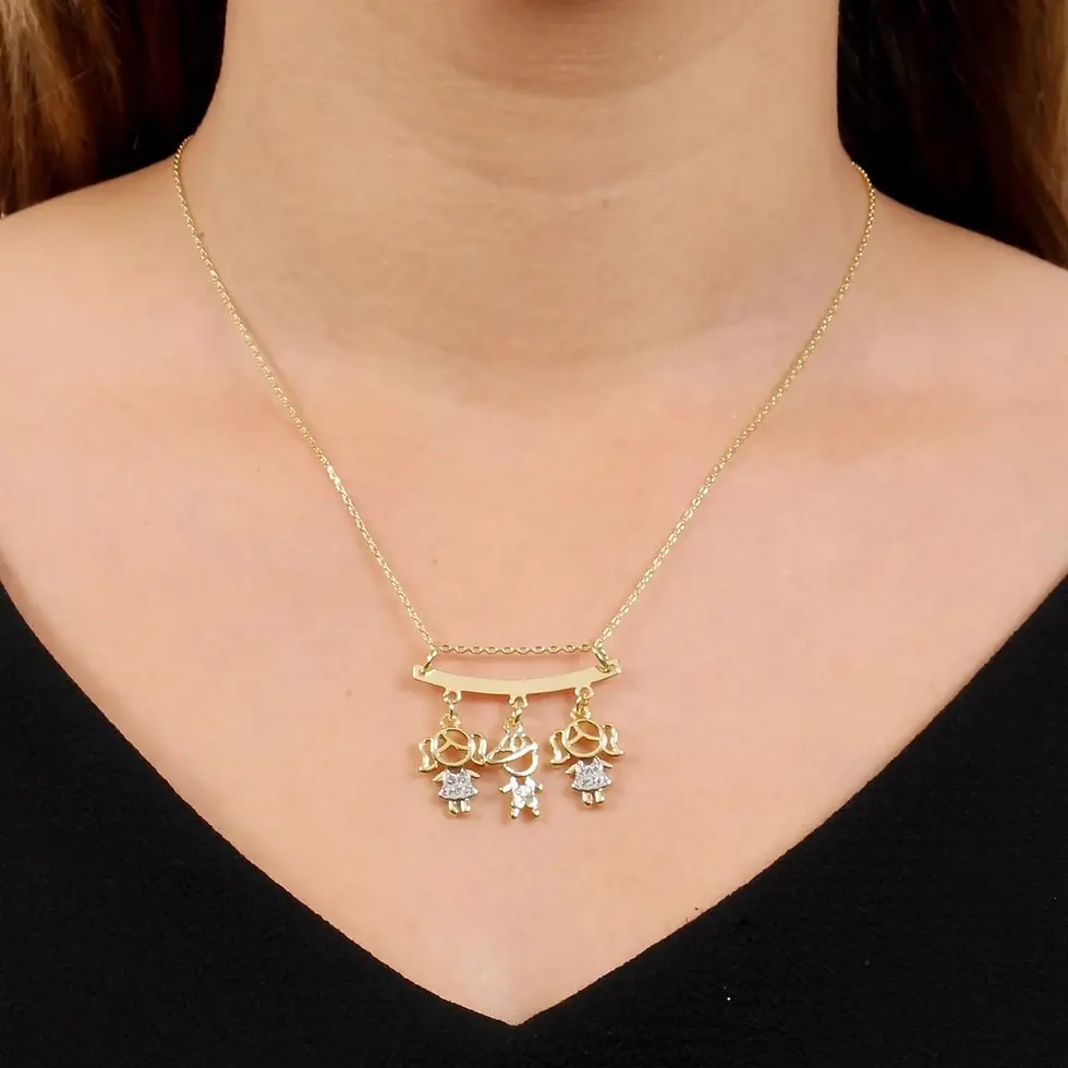 Miniatura: Colar de Filho com 3 Pingentes, Menino, Menina e Anjo Banhado a Ouro 18k