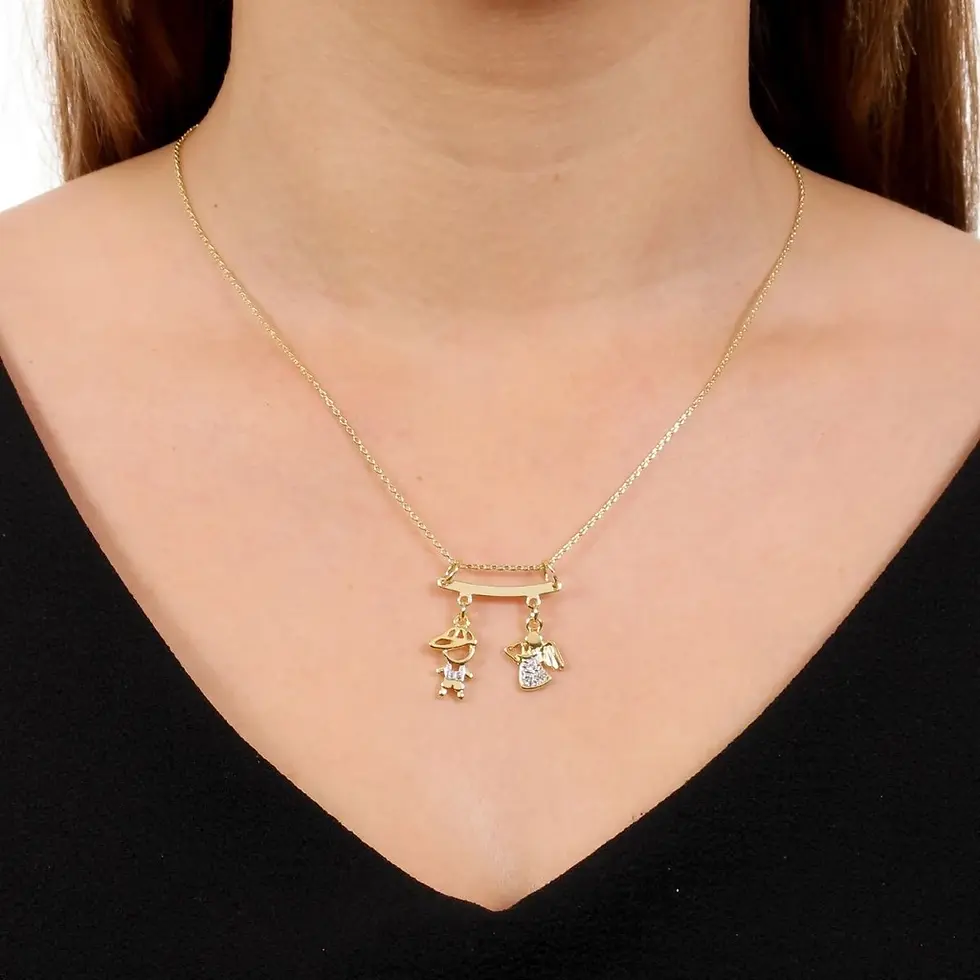 Miniatura: Colar de Filho com 2 Pingentes, Menino, Menina e Anjo Banhado a Ouro 18k