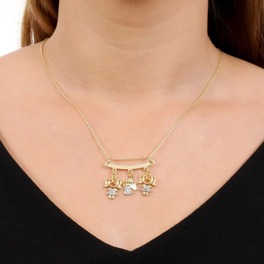 Colar de Filho com 3 Pingentes, Menino, Menina e Anjo Banhado a Ouro 18k