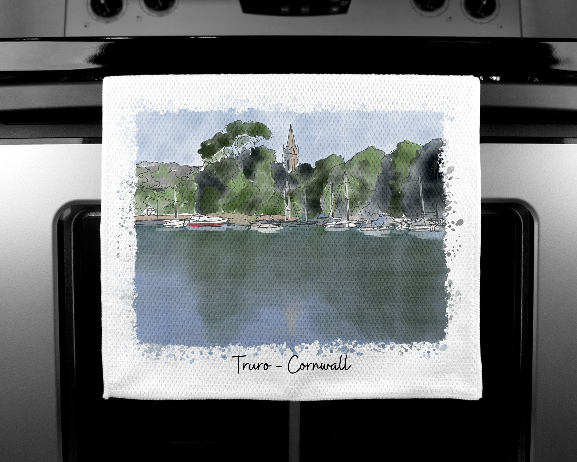Luxury handprinted tea towel, Malpas Truro Painting, Cornwall