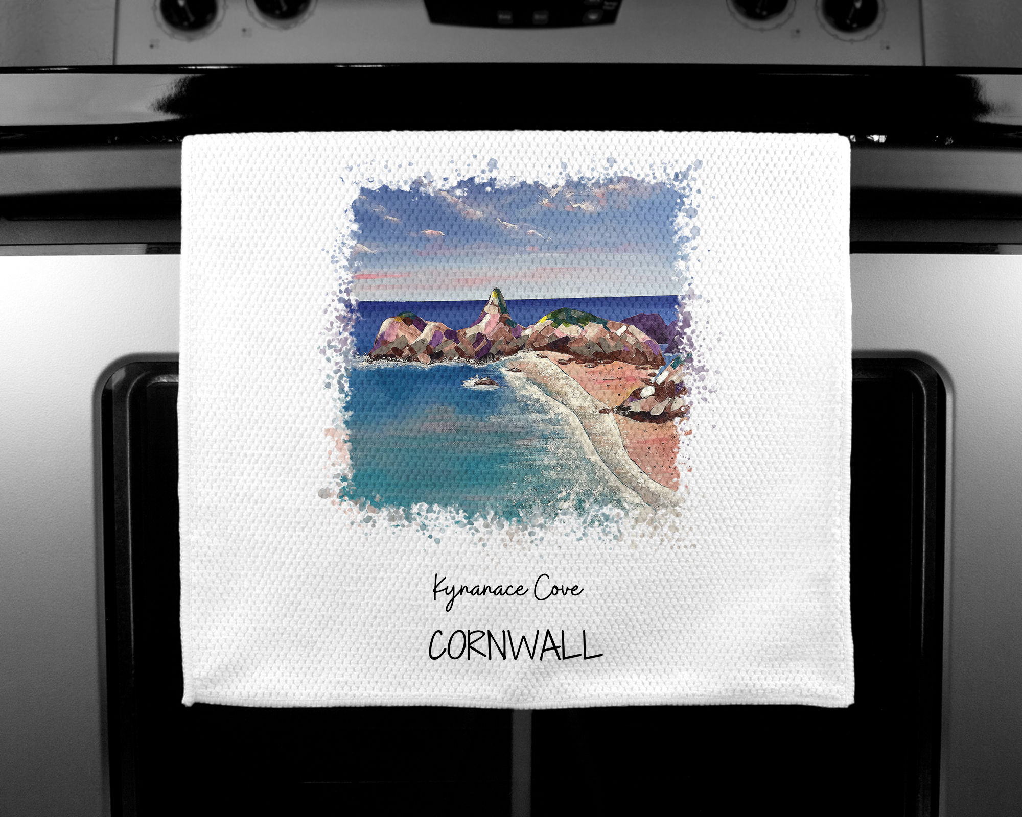 Luxury handprinted teatowel, Kynance Cove, Cornwall (abst