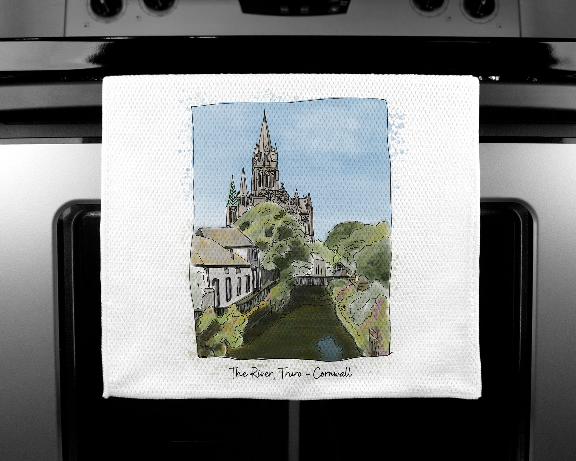 Luxury handprinted teatowel, Truro Cathedral Painting, Cornwall