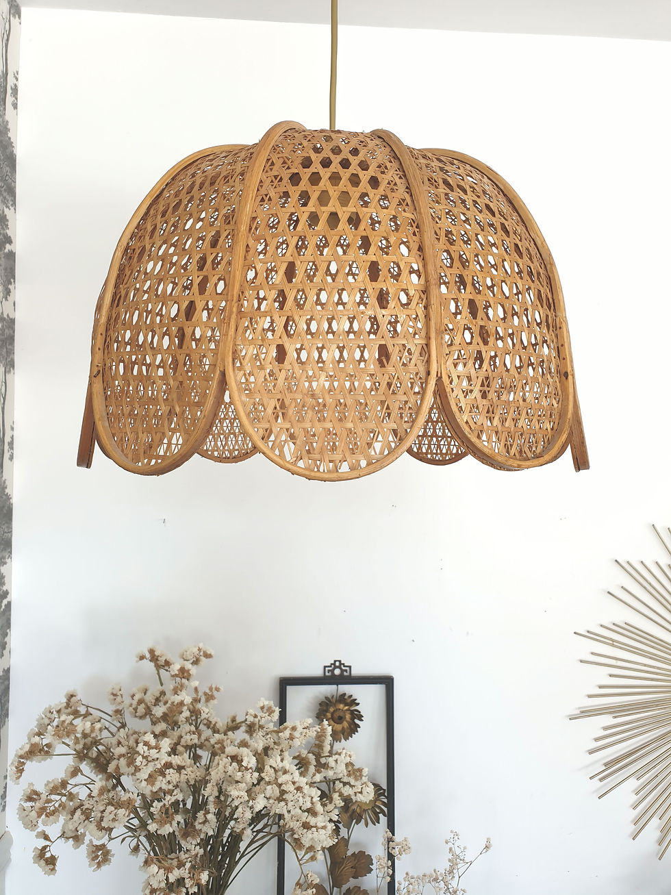 Abat-jour vintage fleur en cannage et rotin