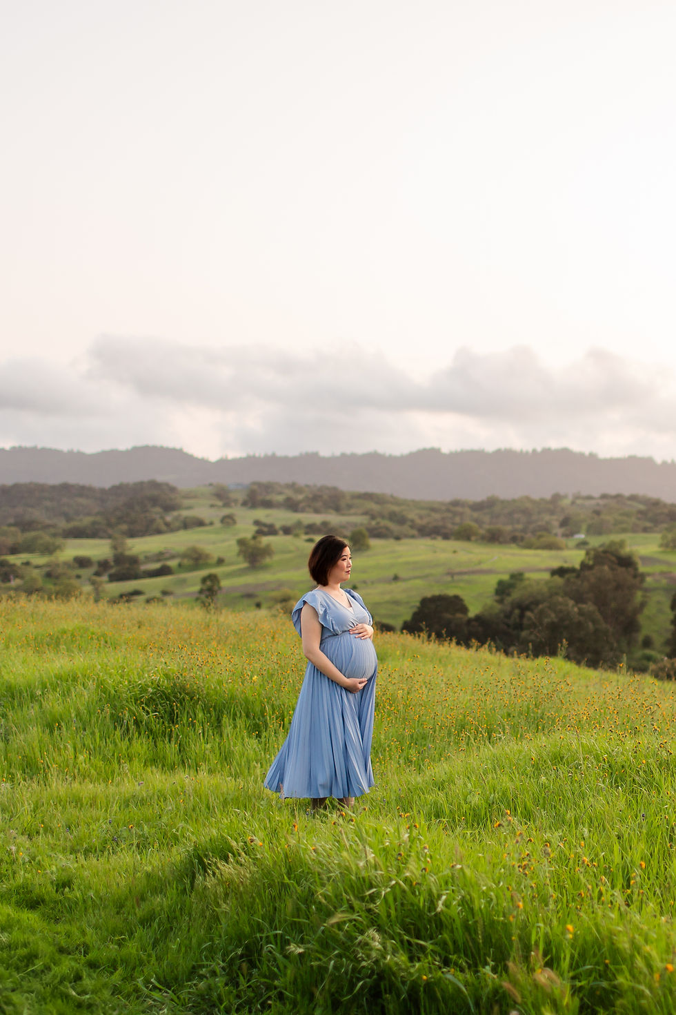 Pregnant woman in a flowing blue dress stands in a green meadow with hills and cloudy sky in the background, exuding a peaceful mood.
Maternity spring cloudy green hills photoshoot at Pearson-Arastradero Preserve in Palo Alto by Bay Area Photographers HKCreate