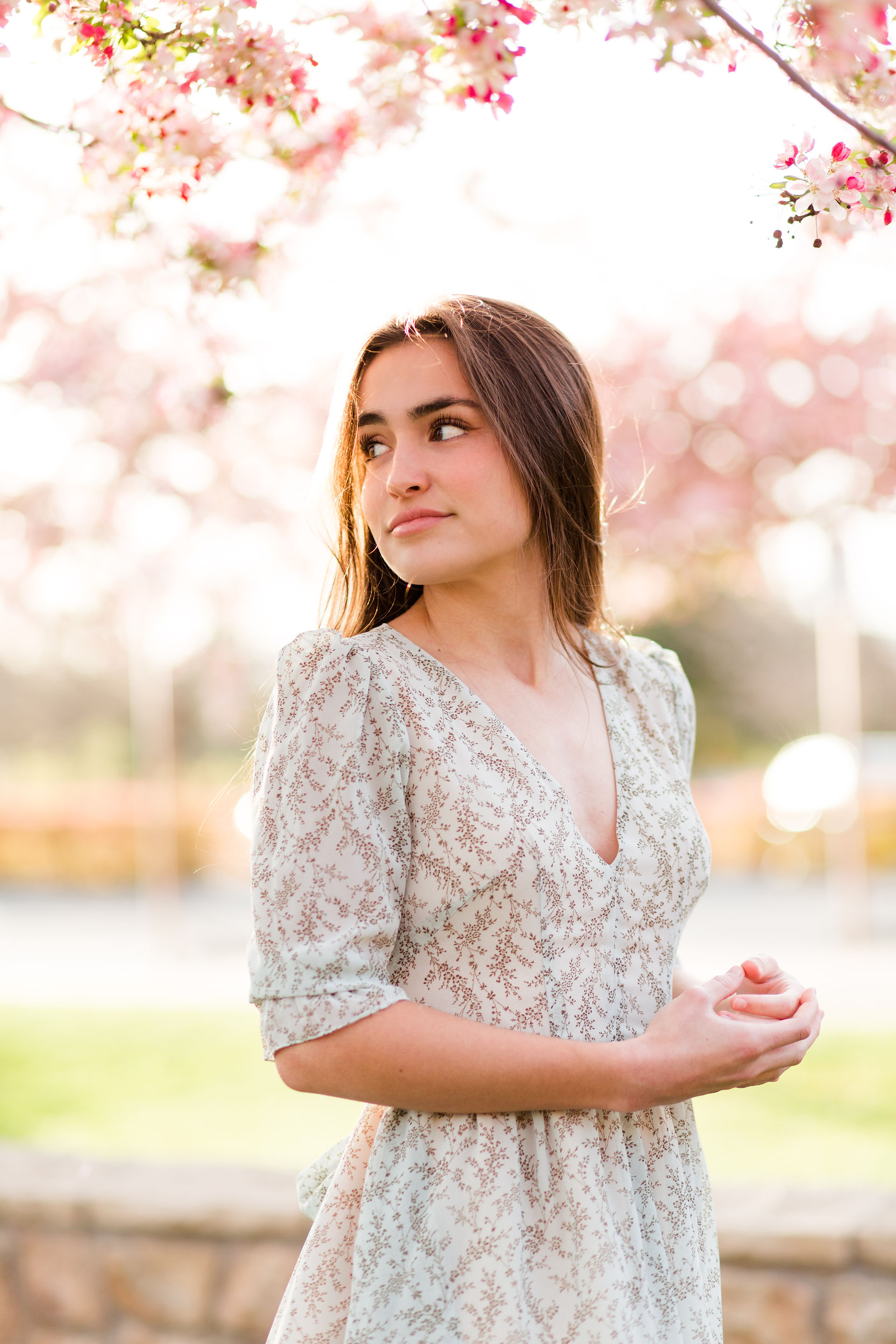Bay Area Bloom Graduation Shoot Heritage Orchard Saratoga library sage floral dress blooms spring hk create hkcreate photographer photography high school graduation light and airy field flowers