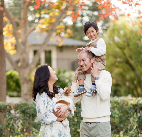 HK Create Bay Area Photography Gamble Garden Palo Alto Mini Session Neutral Outfit family with dog overalls