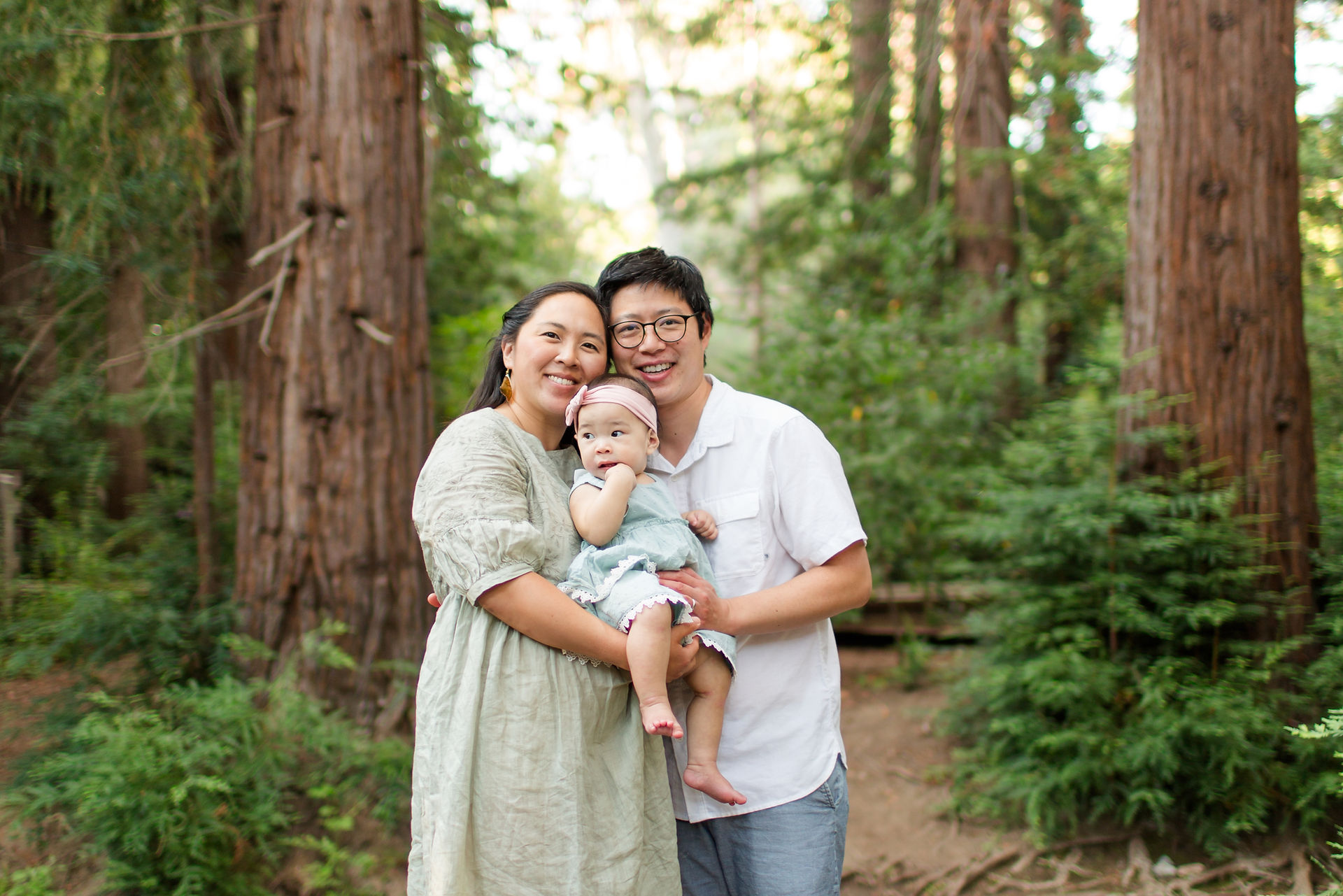 hkcreate bay area photographers family redwood grove nature preserve los altos san jose family of three sage dress baby girl summer joyful candid 