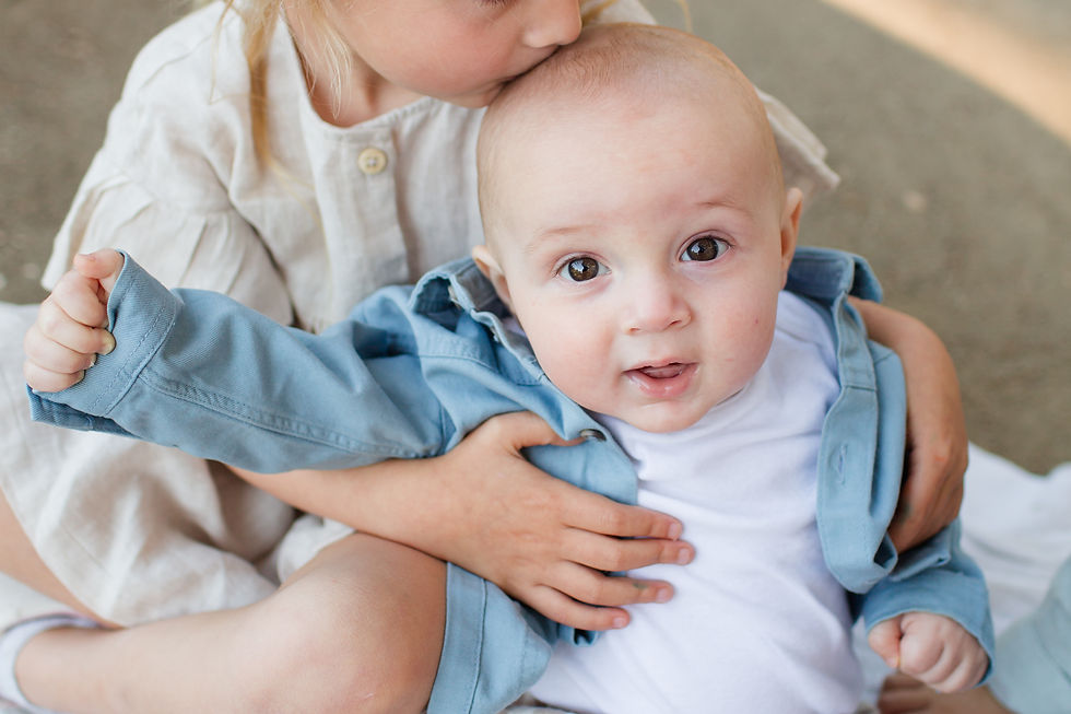 Little girl kisses a baby’s head while holding him, both in light blue and white, with a tender, affectionate mood.
Spring Family Photoshoot at Elizabeth Gamble Garden, Palo Alto by Bay Area Photographers HKCreate