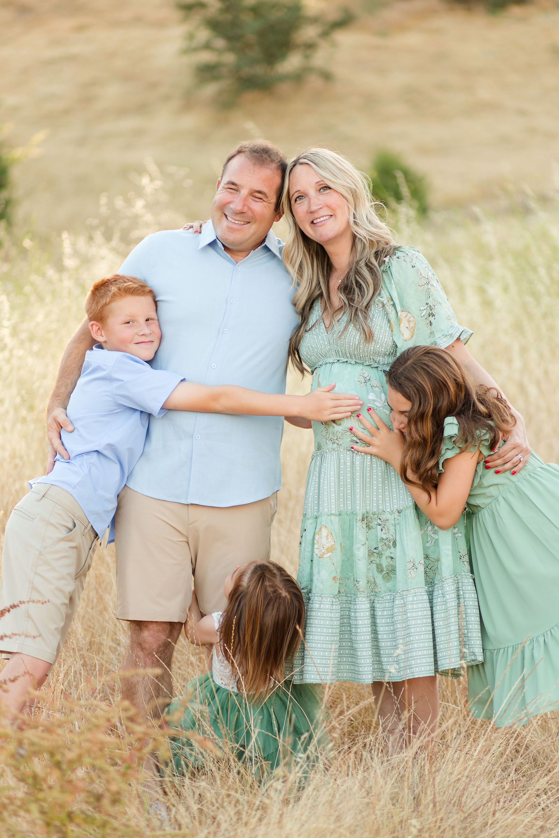 hkcreate bay area photography joyful light and airy san jose photographers northern california photoshoot summer golden wheat grass guadalupe oak grove park family of five maternity session sage mint green blue and tan outfit color ideas