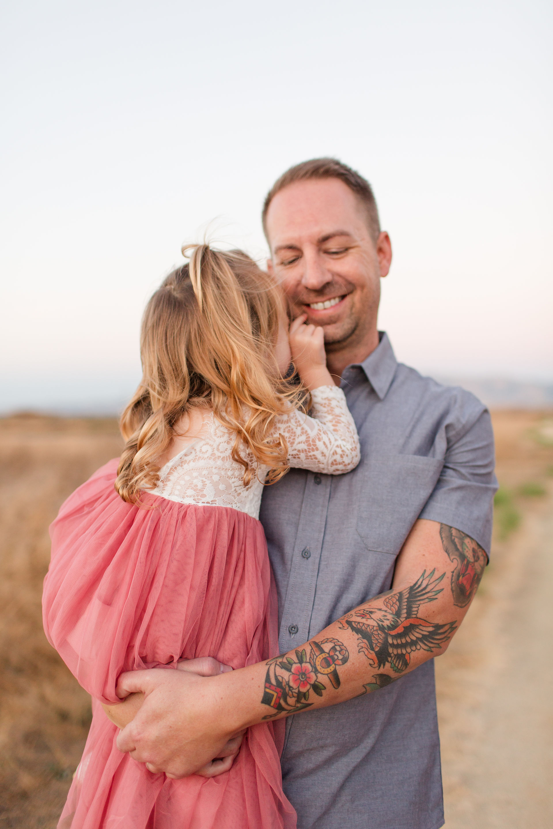 hkcreate bay area photography joyful light and airy family of four sunset mountains pink daddy holding daughter
