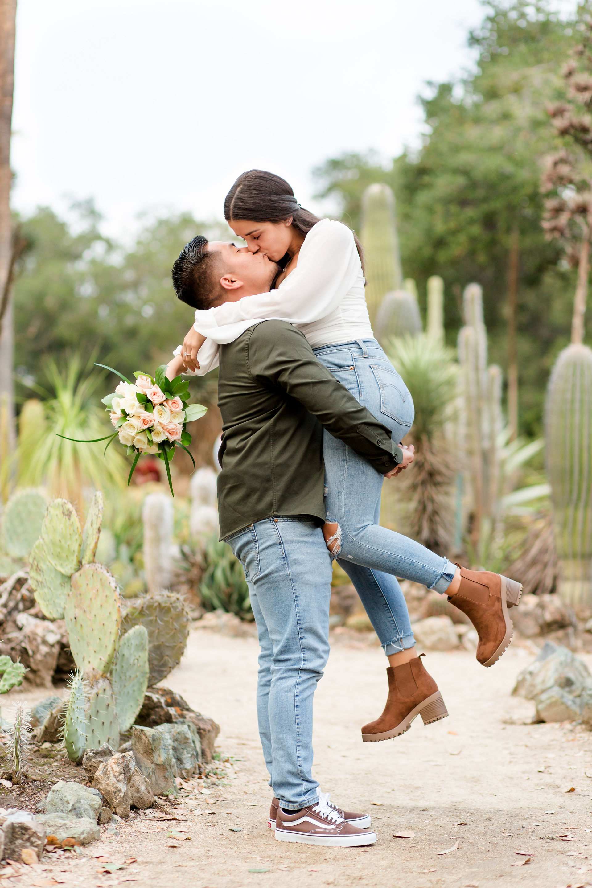 hk create hkcreate photographer photography bay area san jose couple engagement Arizona Cactus Garden Stanford Engagement Photoshoot green jacket jeans white shirt
