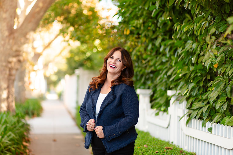 hkcreate bay area photography light and airy business woman branding blazer laughing joyful standing on sidewalk gamble garden palo alto