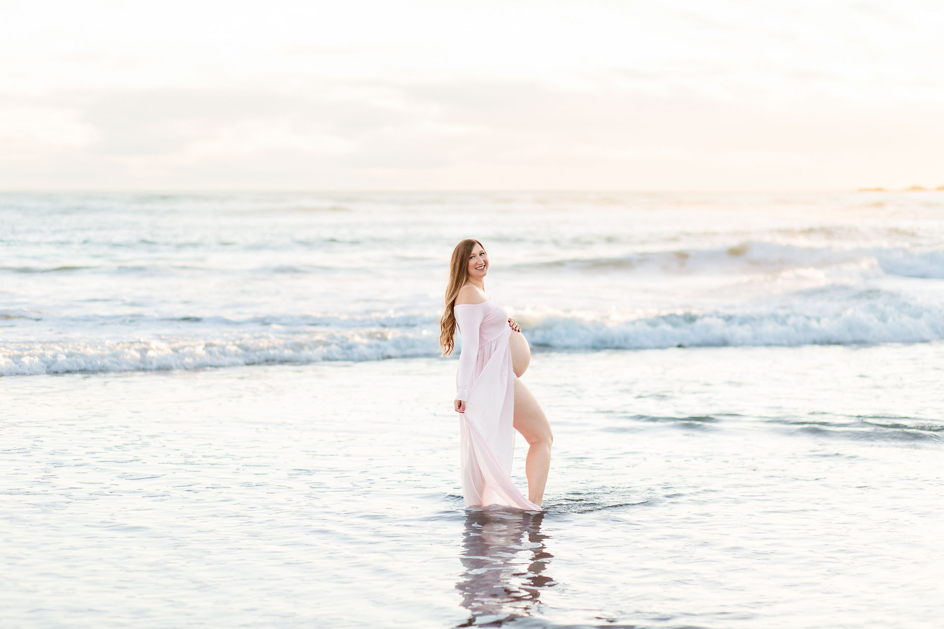 hkcreate bay area photography joyful light and airy san jose photographers northern california photoshoot beach maternity session pink belly dress natural bridges state beach santa cruz ocean sunset