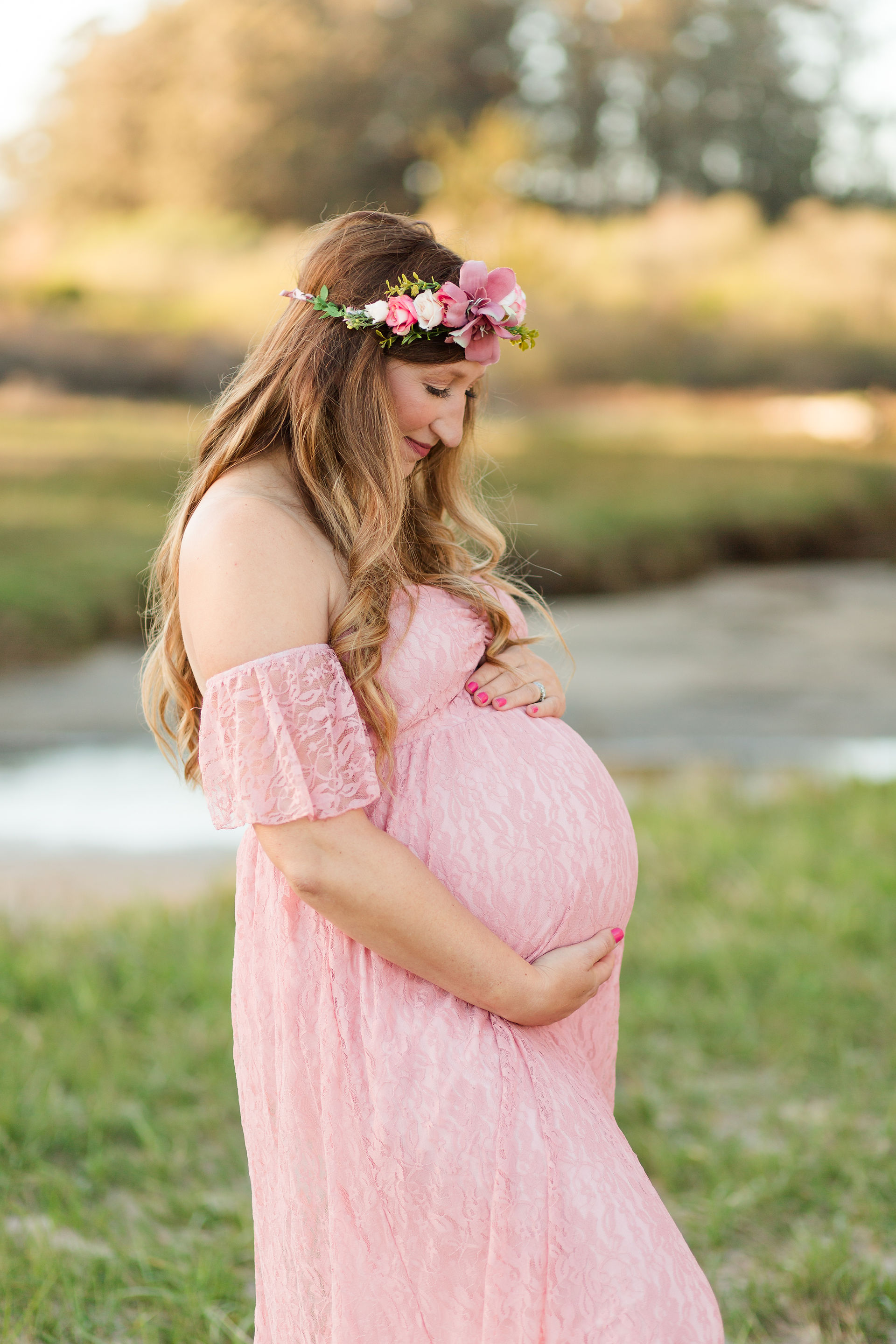 hkcreate bay area photography joyful light and airy san jose photographers northern california photoshoot beach maternity session pink lace dress natural bridges state beach santa cruz flower crown grass
