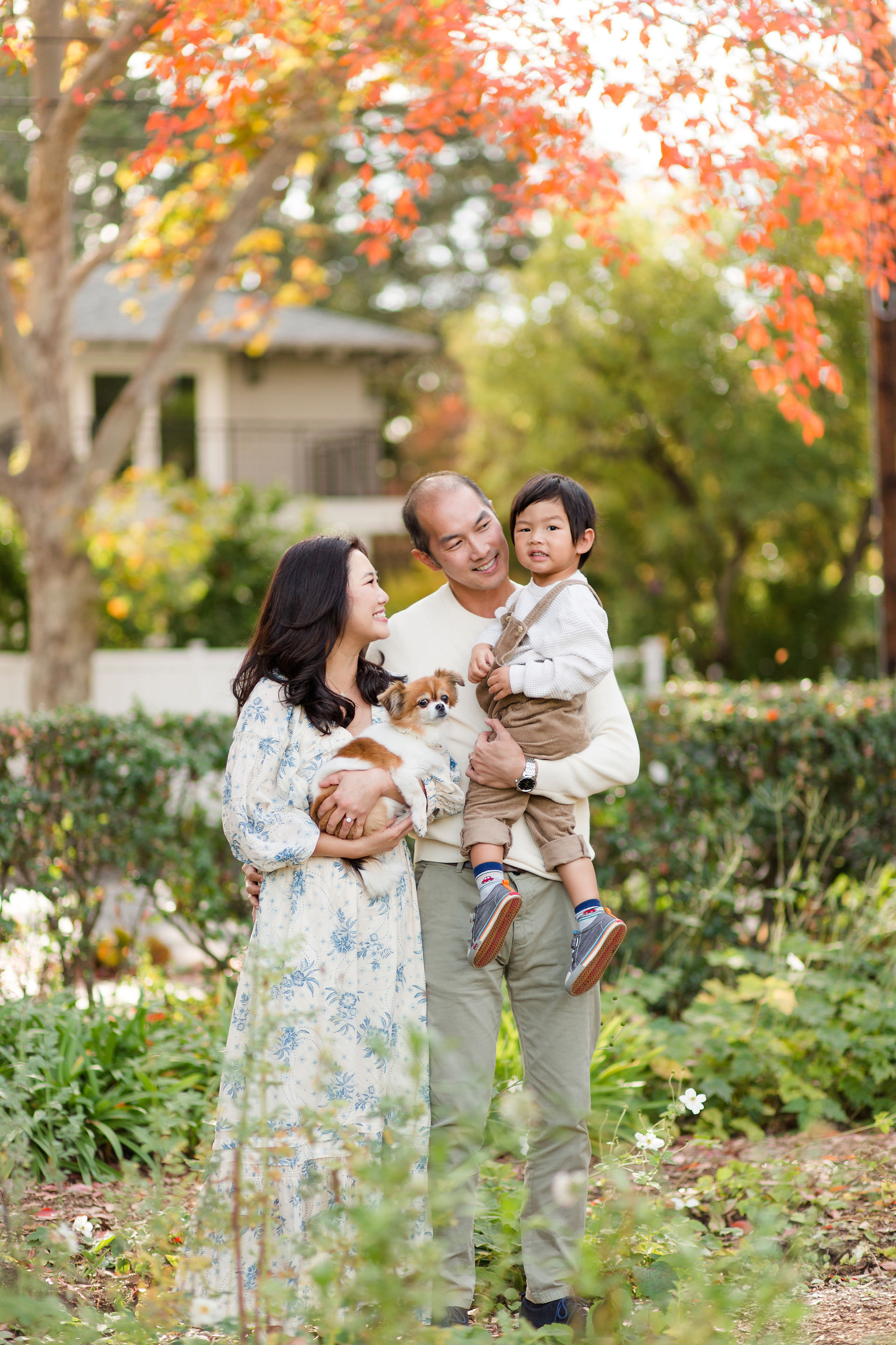 hkcreate photography photographer bay area san jose palo alto elizabeth gamble garden overalls neutral blue cream tan sage color scheme family outfits dog fall fun little boy family of three