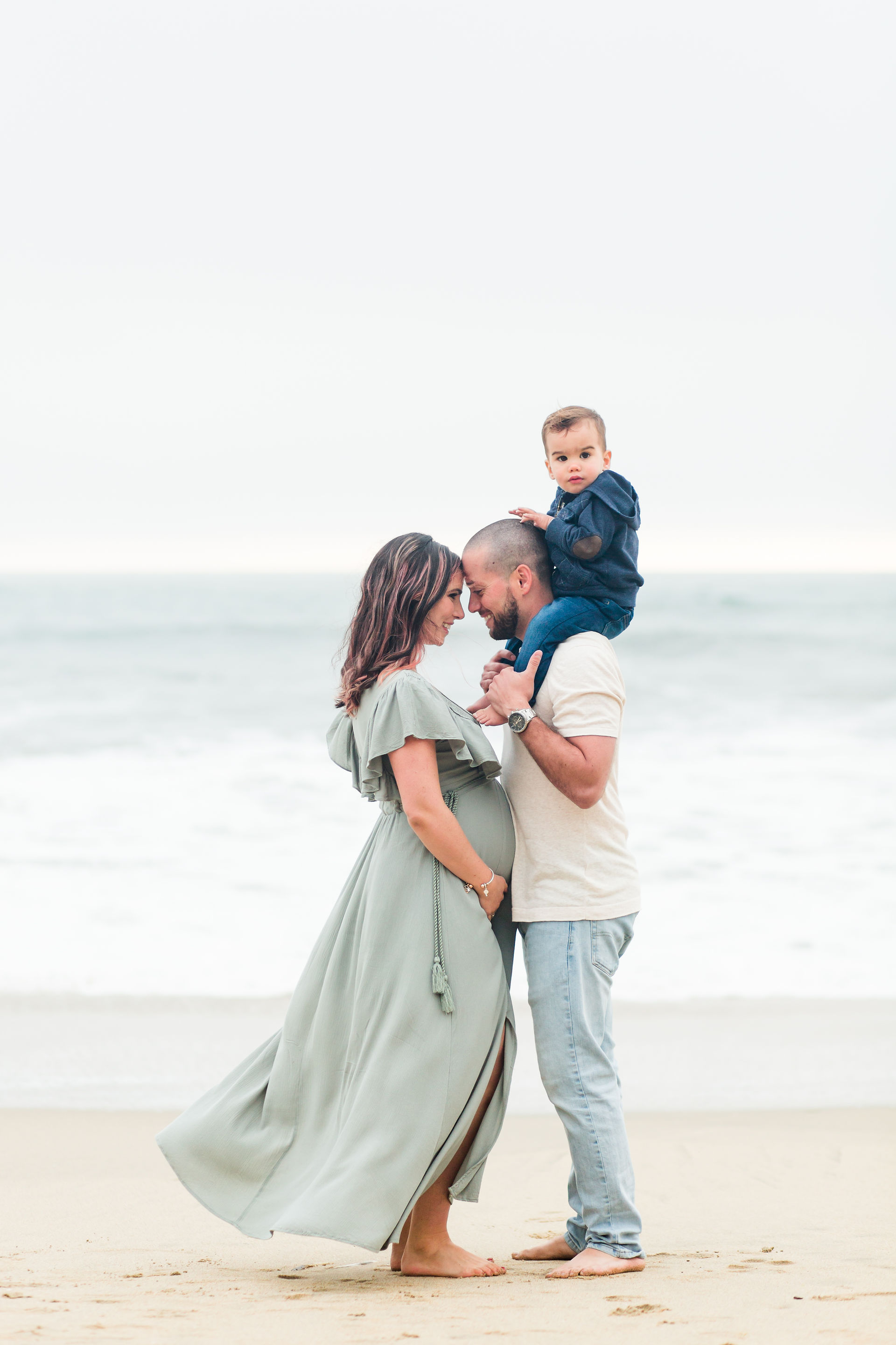 Manhattan Beach Family Maternity Photoshoot hkcreate hk create photographer photography bay area overcast family sage dress white shirt blue jeans light and airy joyful beach maternity