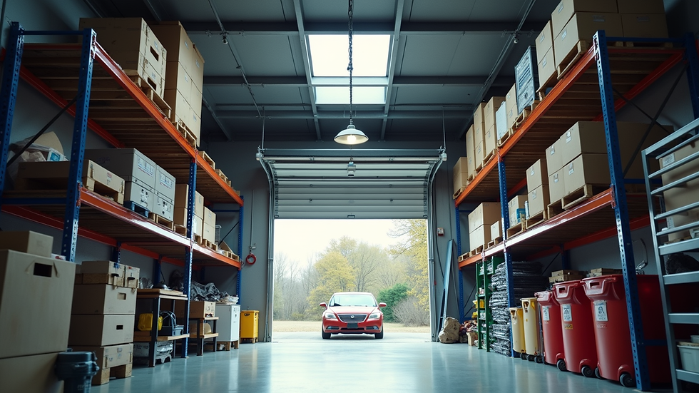 High angle view of garage ceiling with metal storage racks installed