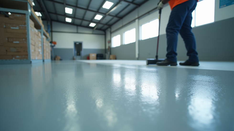 Eye-level view of epoxy floor being applied in a commercial garage